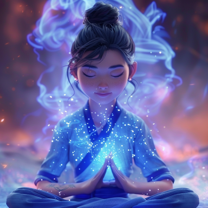 Mujer asiática serena en pose meditativa, canalizando energía sanadora en un entorno tranquilo y místico. Ilustración 3D al estilo de Disney Pixar que representa el viaje transformador del Theta Healing.